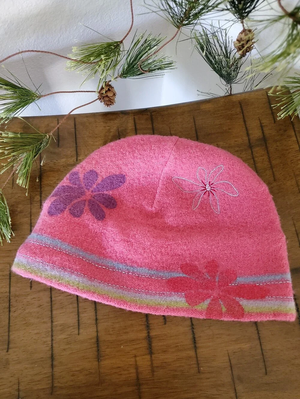 Bula Vintage Wool Exterior Fleece Lined Pink Flower Beanie Hat